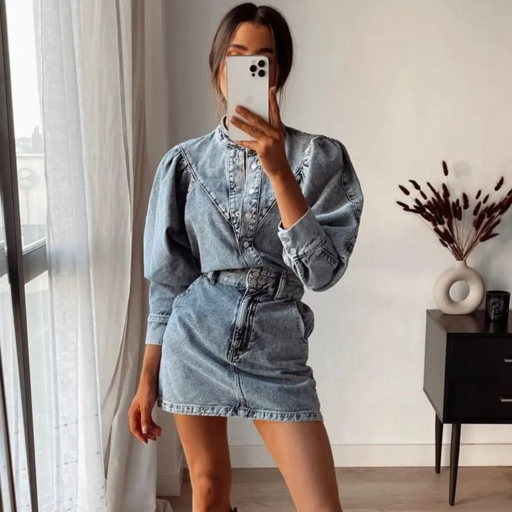Mango Denim Dress Puff Sleeves - Picture 4 of 11